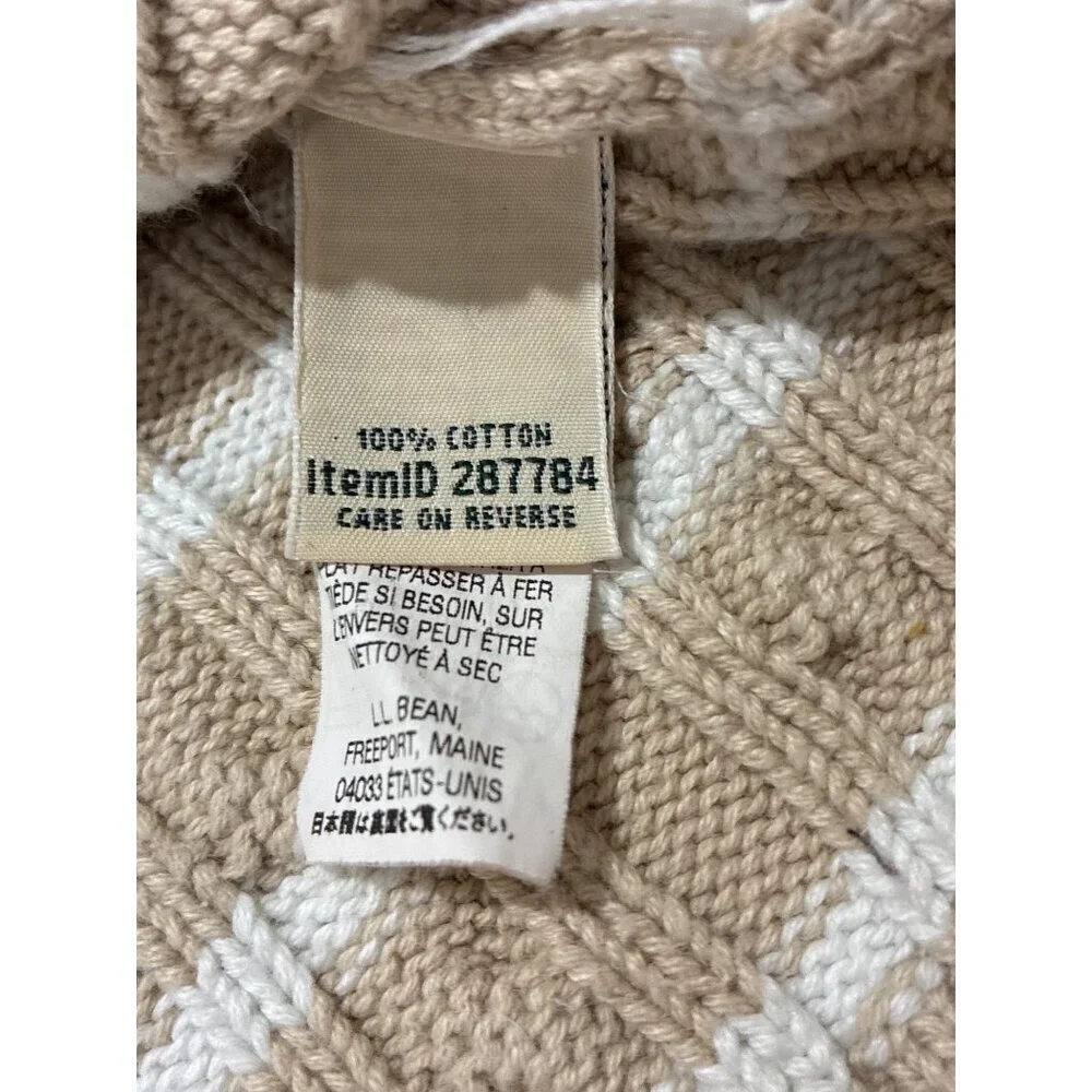 L.L.Bean womens tan white striped cable knit full-zip sweater cardigan cotton Xl